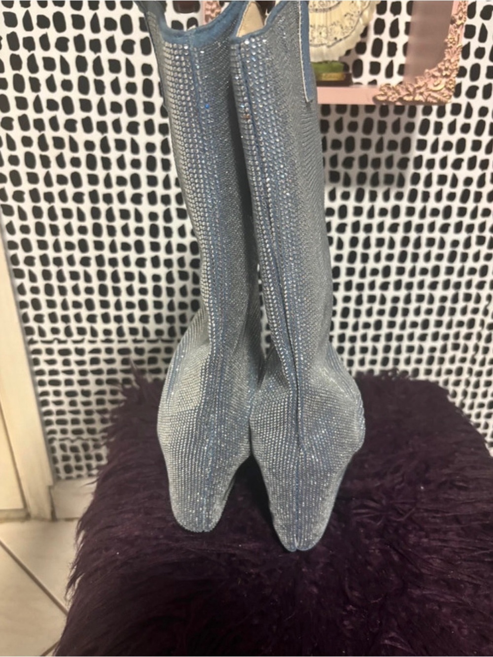 Forever 21 Blue Rhinestone Knee-High Heeled Boots